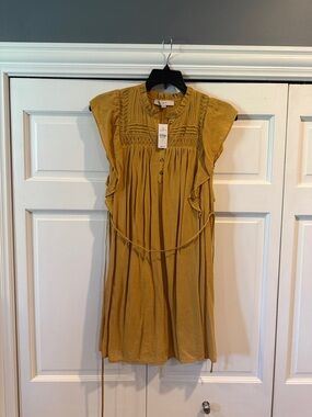 LOFT Mustard Pintuck Ruffle Mini Dress
